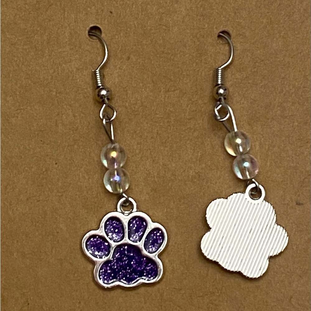 Handcrafted Purple Paw Beaded Dangle Earrings - Picture 3 of 4